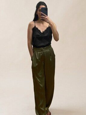 Olive Green Satin Wide-Leg Pants | High Waist | Shein XS